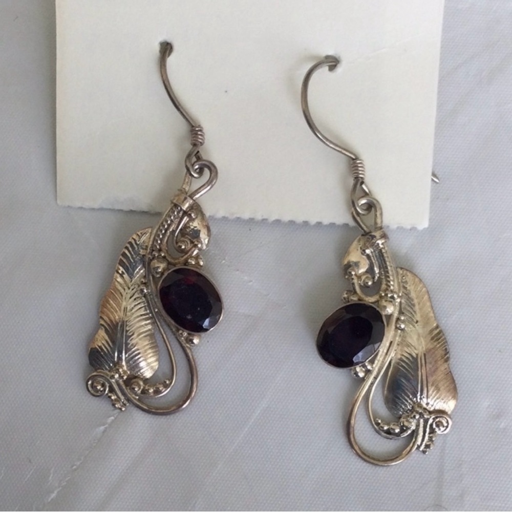 2 pc Vintage Silver Necklace and Earrings w/semi precious stones marked (925) - Picture 3 of 12
